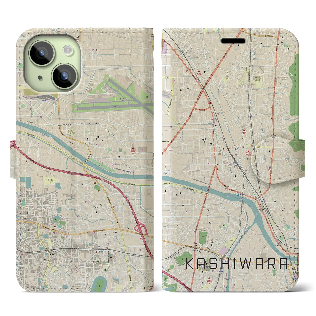 【柏原】地図柄iPhoneケース（手帳両面タイプ・ナチュラル）iPhone 15 用