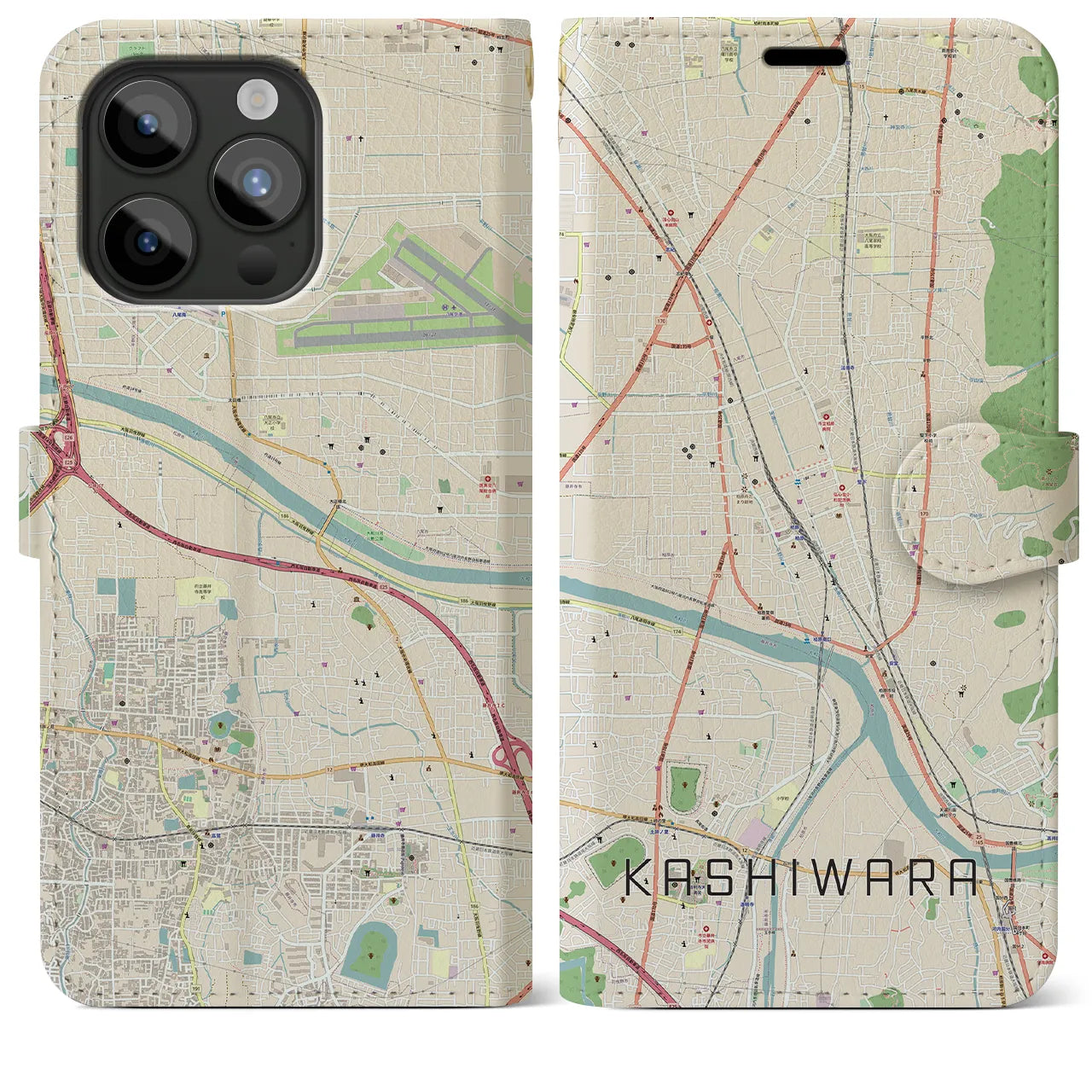 【柏原】地図柄iPhoneケース（手帳両面タイプ・ナチュラル）iPhone 15 Pro Max 用