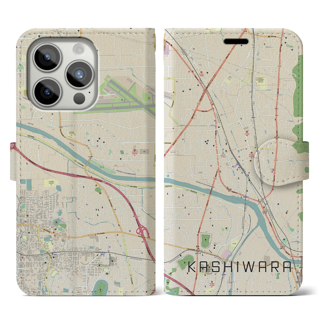 【柏原】地図柄iPhoneケース（手帳両面タイプ・ナチュラル）iPhone 15 Pro 用