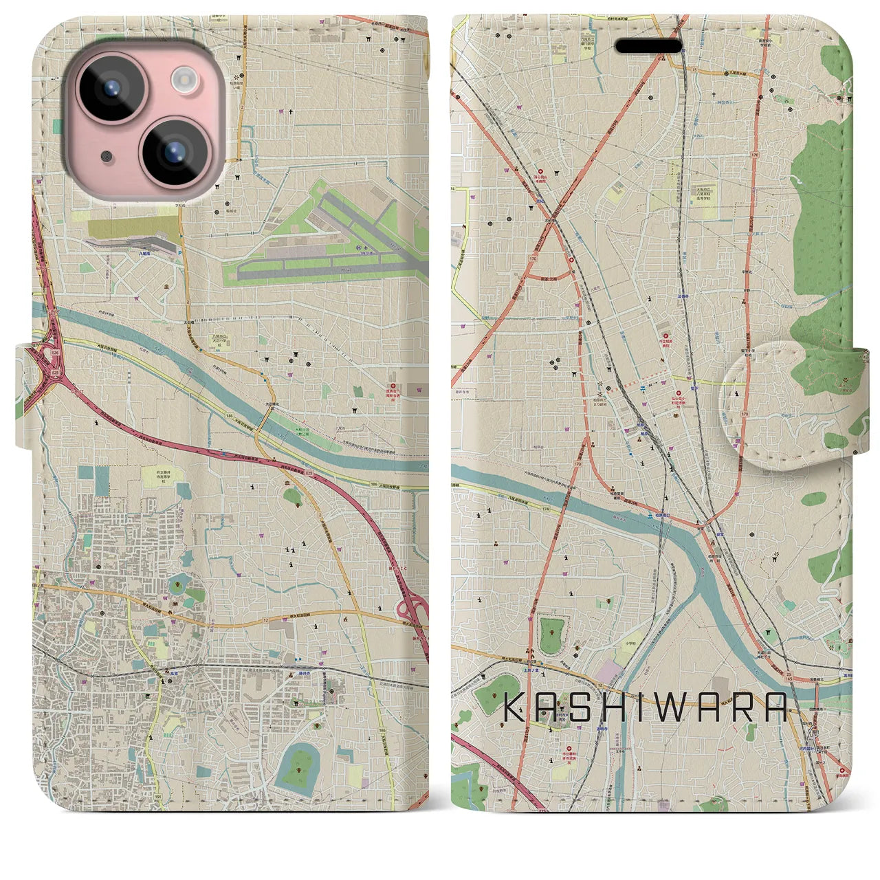 【柏原】地図柄iPhoneケース（手帳両面タイプ・ナチュラル）iPhone 15 Plus 用