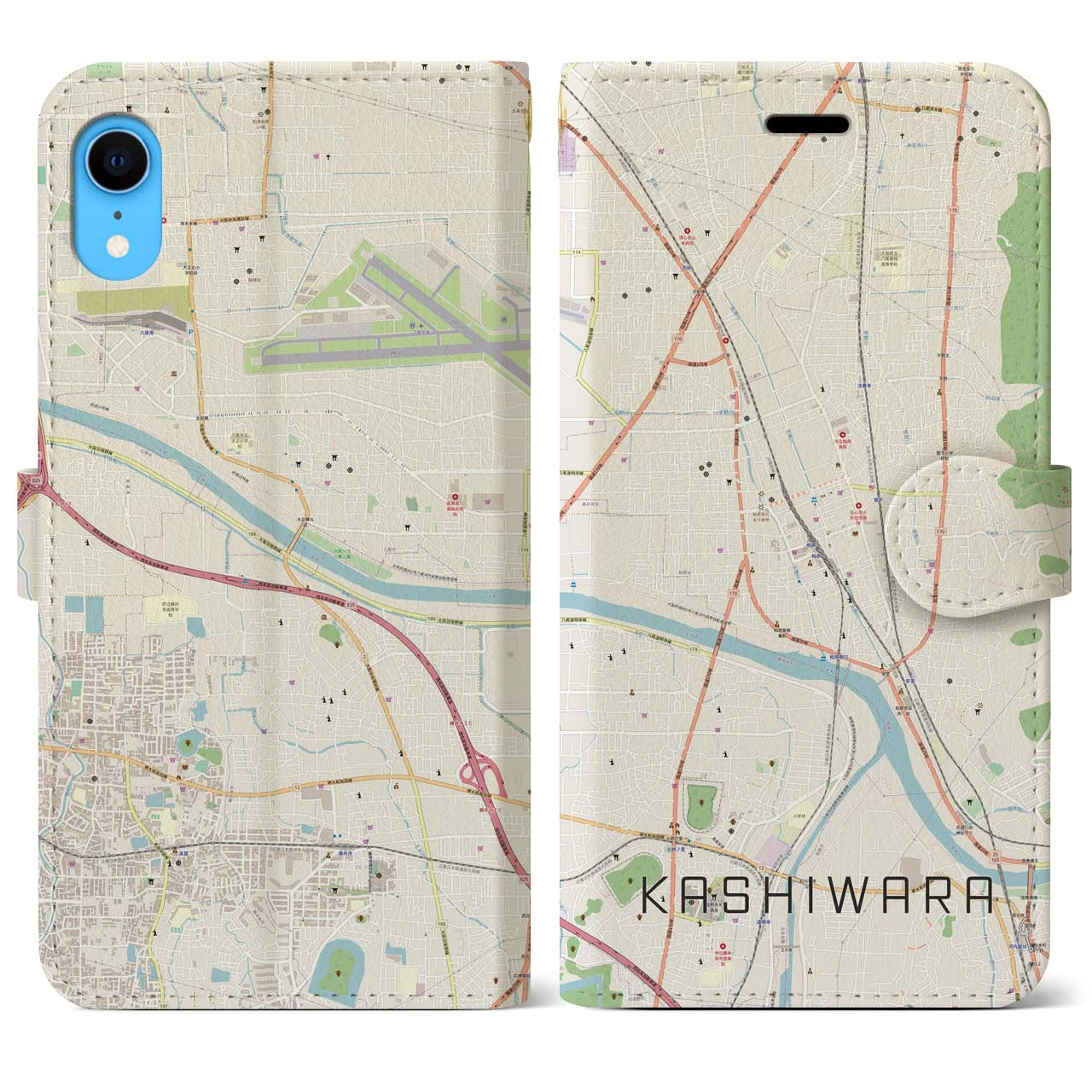 【柏原】地図柄iPhoneケース（手帳両面タイプ・ナチュラル）iPhone XR 用