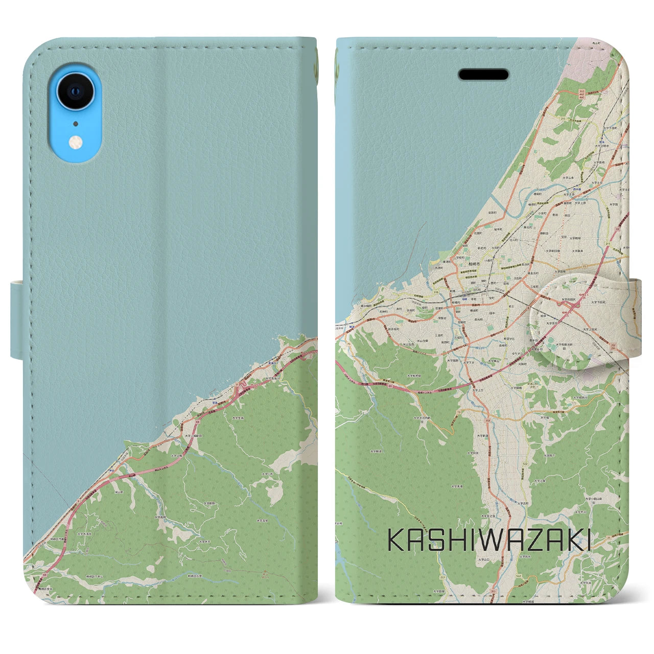 【柏崎】地図柄iPhoneケース（手帳両面タイプ・ナチュラル）iPhone XR 用