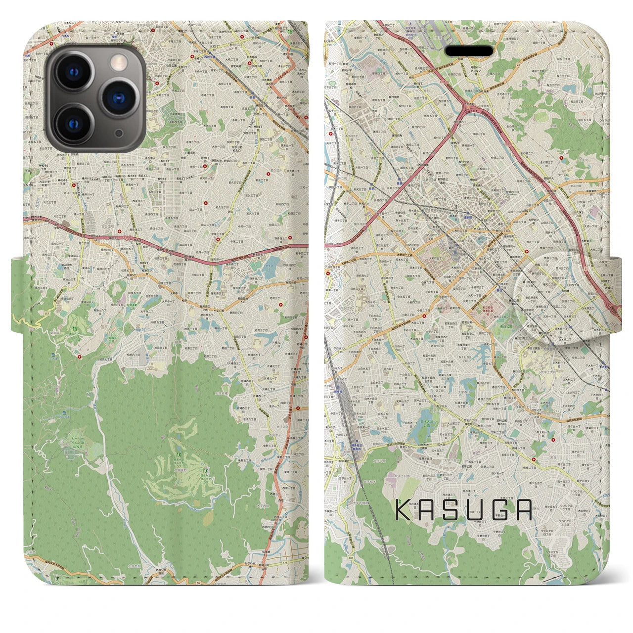 【春日】地図柄iPhoneケース（手帳両面タイプ・ナチュラル）iPhone 11 Pro Max 用