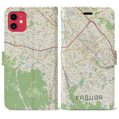 【春日（福岡県）】地図柄iPhoneケース（手帳タイプ）ナチュラル・iPhone 11 用