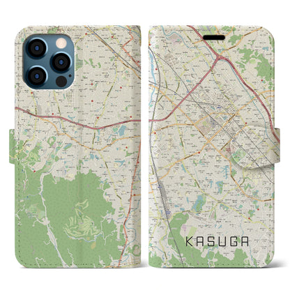 【春日（福岡県）】地図柄iPhoneケース（手帳タイプ）ナチュラル・iPhone 12 / 12 Pro 用
