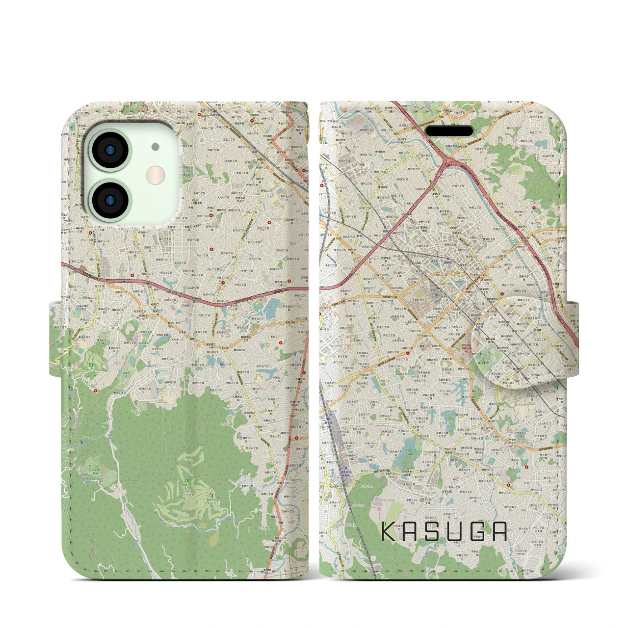 【春日】地図柄iPhoneケース（手帳両面タイプ・ナチュラル）iPhone 12 mini 用