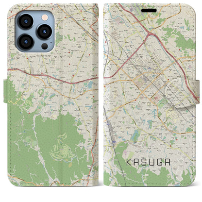 【春日（福岡県）】地図柄iPhoneケース（手帳タイプ）ナチュラル・iPhone 13 Pro Max 用