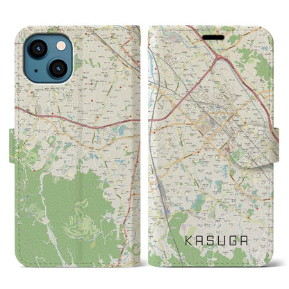 【春日（福岡県）】地図柄iPhoneケース（手帳タイプ）ナチュラル・iPhone 13 用