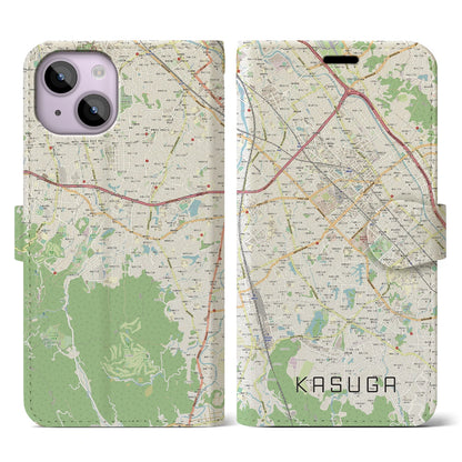 【春日（福岡県）】地図柄iPhoneケース（手帳タイプ）ナチュラル・iPhone 14 用