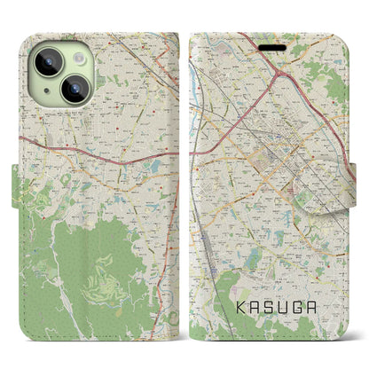 【春日（福岡県）】地図柄iPhoneケース（手帳タイプ）ナチュラル・iPhone 15 用