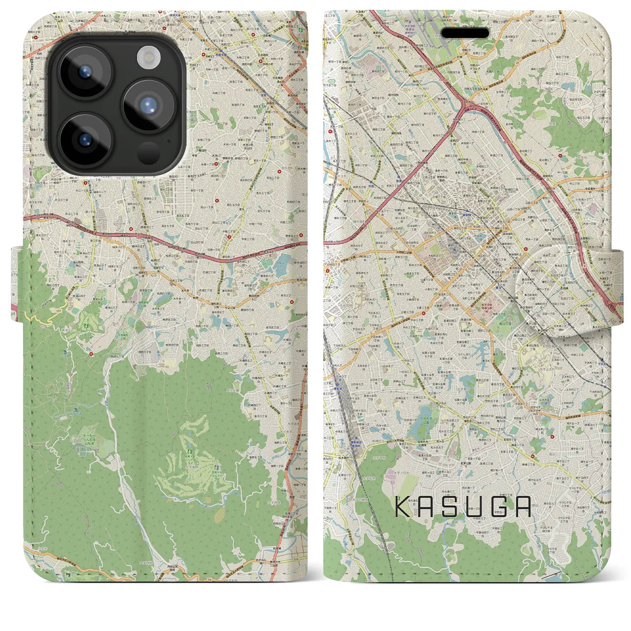 【春日】地図柄iPhoneケース（手帳両面タイプ・ナチュラル）iPhone 15 Pro Max 用