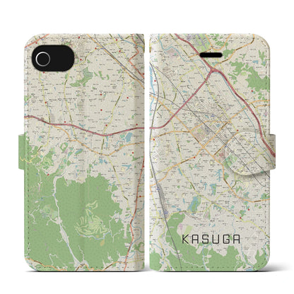 【春日（福岡県）】地図柄iPhoneケース（手帳タイプ）ナチュラル・iPhone SE（第3 / 第2世代） / 8 / 7 / 6s / 6 用