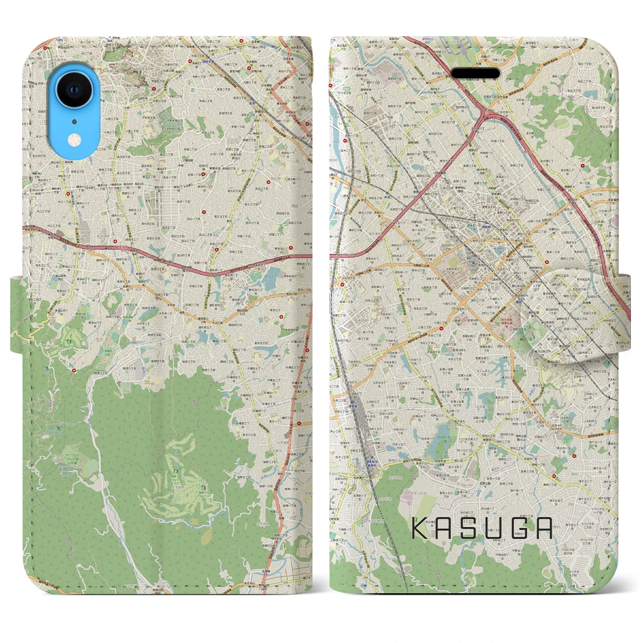 【春日】地図柄iPhoneケース（手帳両面タイプ・ナチュラル）iPhone XR 用