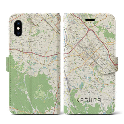 【春日（福岡県）】地図柄iPhoneケース（手帳タイプ）ナチュラル・iPhone XS / X 用