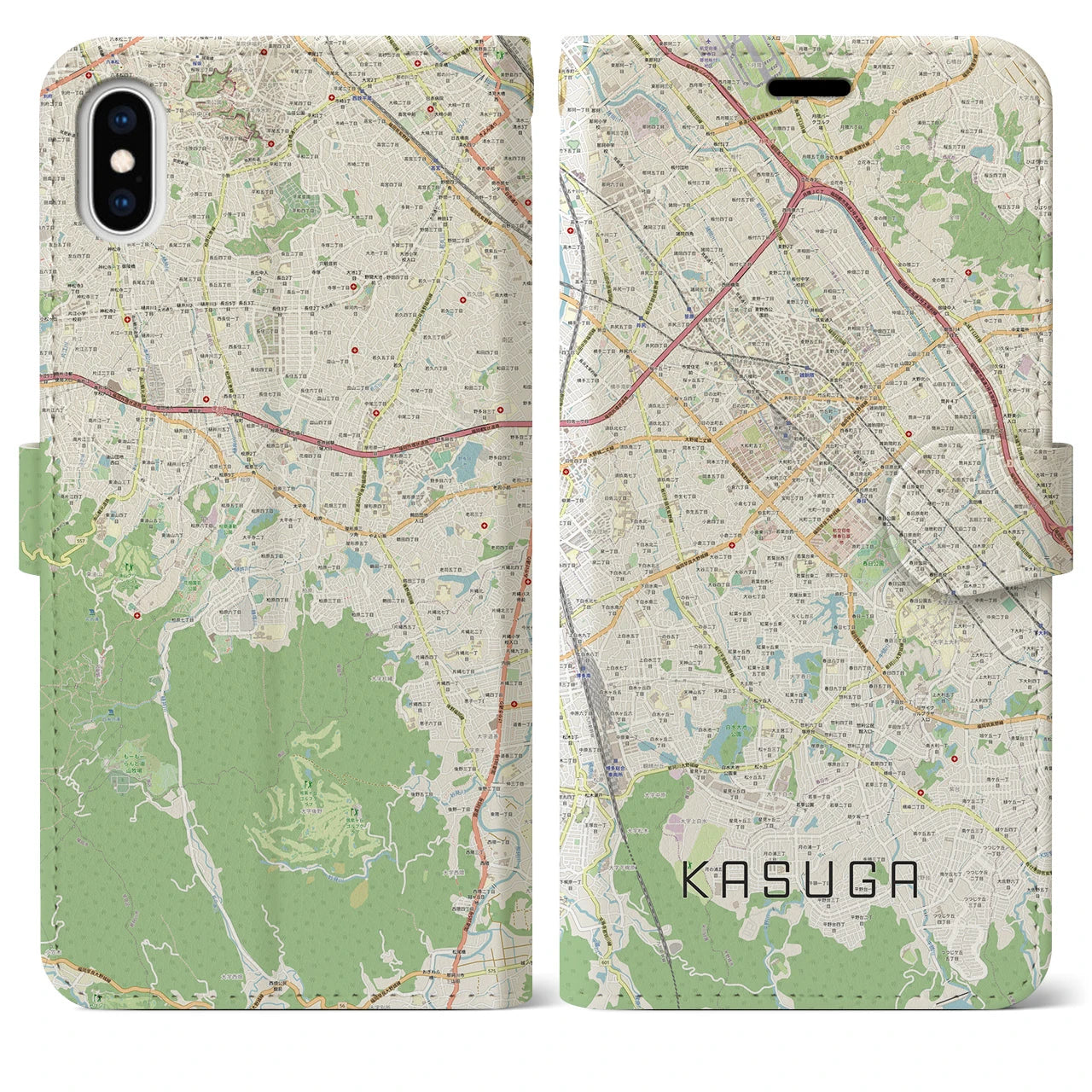 【春日】地図柄iPhoneケース（手帳両面タイプ・ナチュラル）iPhone XS Max 用
