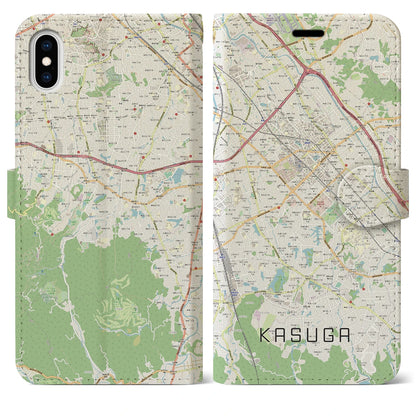 【春日（福岡県）】地図柄iPhoneケース（手帳タイプ）ナチュラル・iPhone XS Max 用