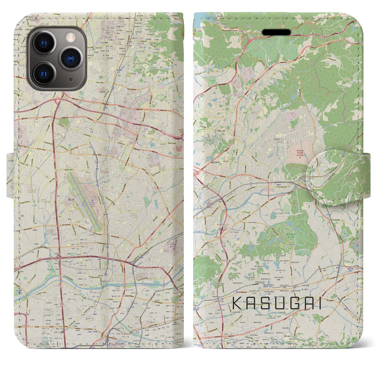 【春日井】地図柄iPhoneケース（手帳両面タイプ・ナチュラル）iPhone 11 Pro Max 用