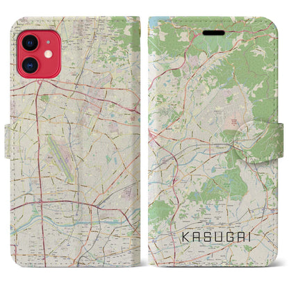【春日井（愛知県）】地図柄iPhoneケース（手帳タイプ）ナチュラル・iPhone 11 用