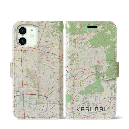 【春日井（愛知県）】地図柄iPhoneケース（手帳タイプ）ナチュラル・iPhone 12 mini 用