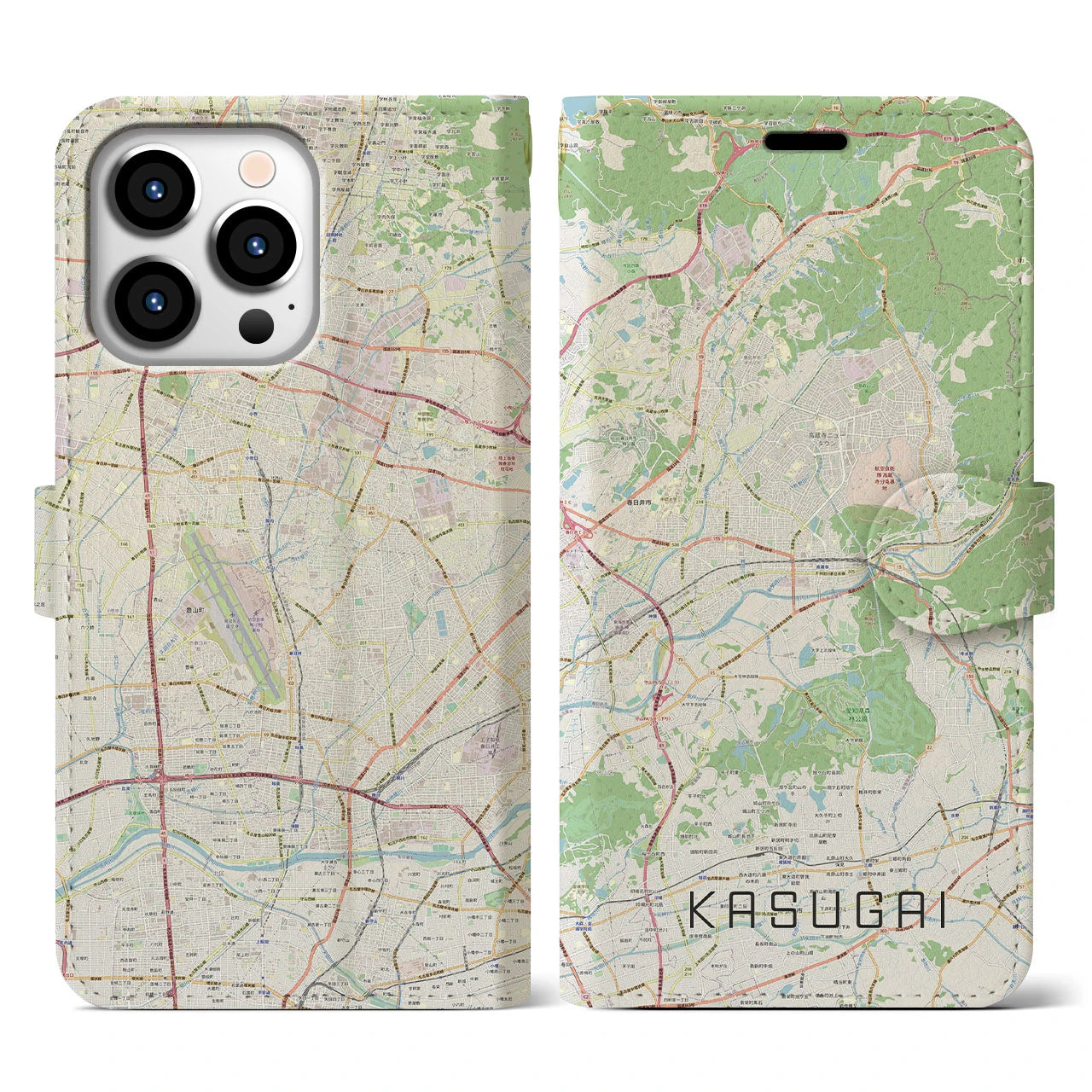 【春日井】地図柄iPhoneケース（手帳両面タイプ・ナチュラル）iPhone 13 Pro 用