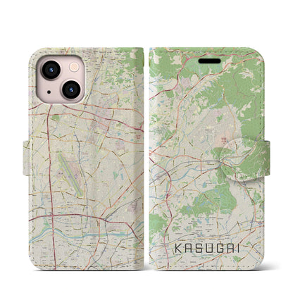 【春日井（愛知県）】地図柄iPhoneケース（手帳タイプ）ナチュラル・iPhone 13 mini 用