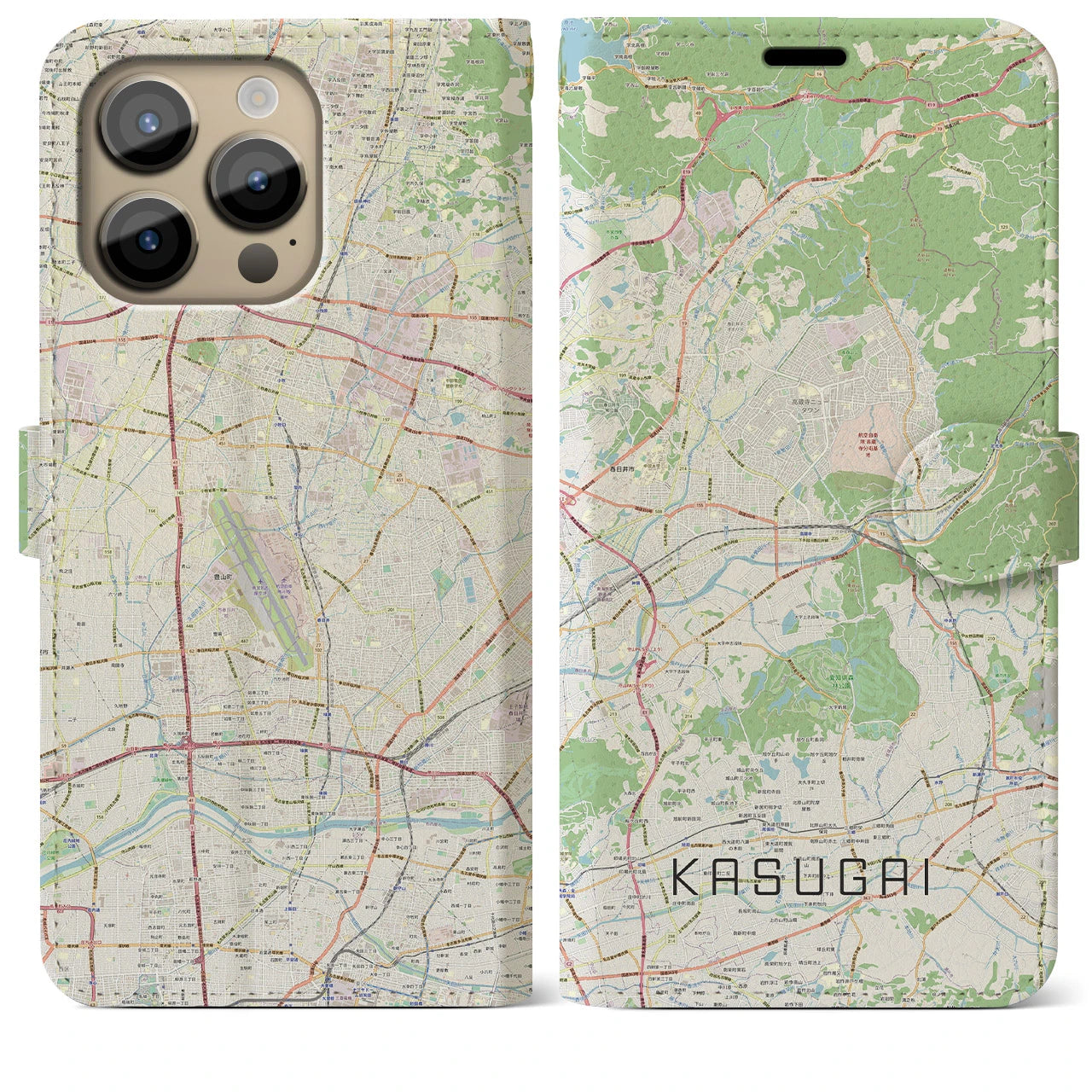 【春日井】地図柄iPhoneケース（手帳両面タイプ・ナチュラル）iPhone 14 Pro Max 用