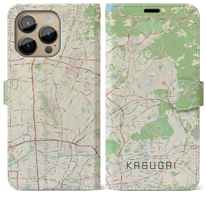 【春日井（愛知県）】地図柄iPhoneケース（手帳タイプ）ナチュラル・iPhone 14 Pro Max 用