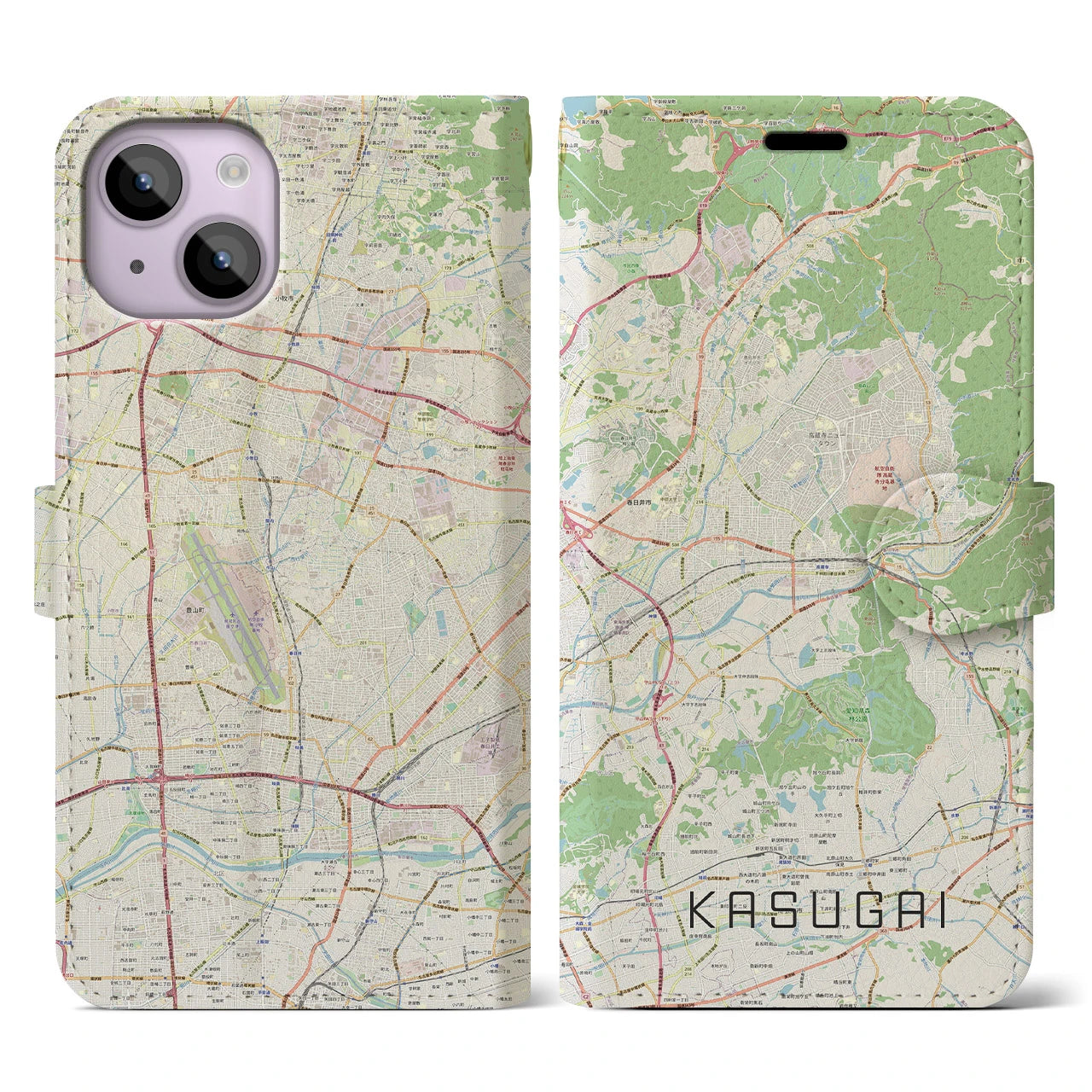 【春日井】地図柄iPhoneケース（手帳両面タイプ・ナチュラル）iPhone 14 用