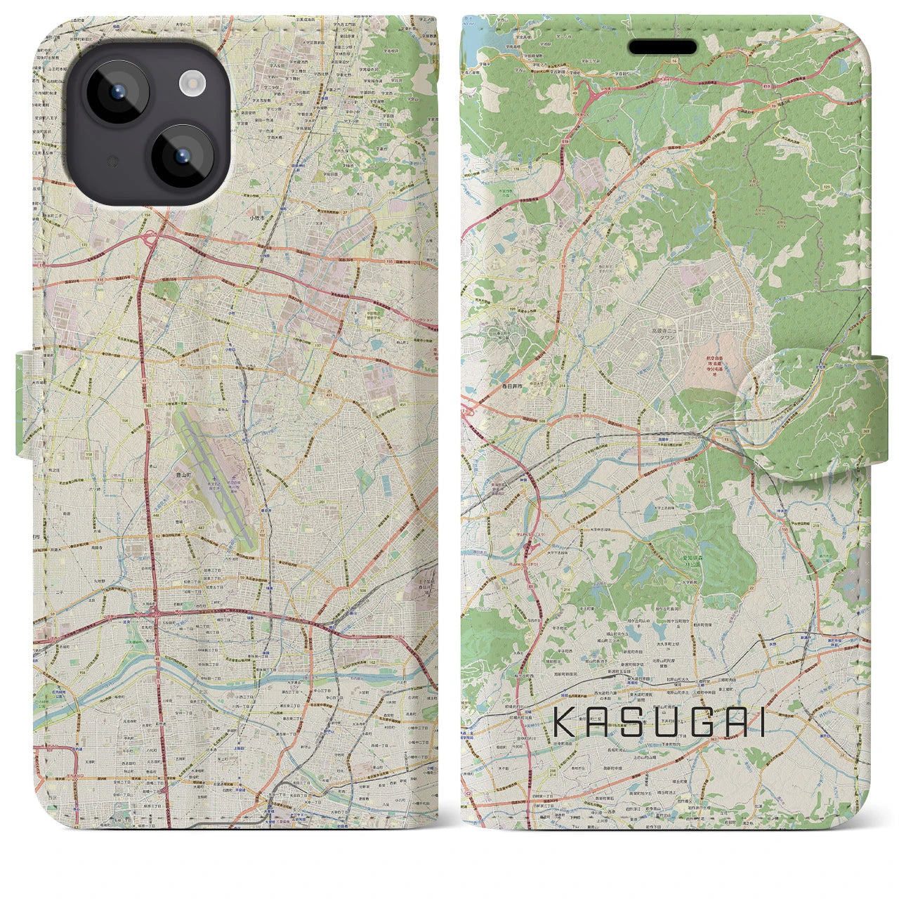 【春日井】地図柄iPhoneケース（手帳両面タイプ・ナチュラル）iPhone 14 Plus 用