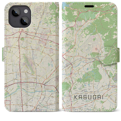 【春日井（愛知県）】地図柄iPhoneケース（手帳タイプ）ナチュラル・iPhone 14 Plus 用
