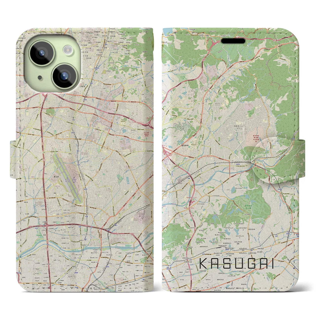 【春日井】地図柄iPhoneケース（手帳両面タイプ・ナチュラル）iPhone 15 用
