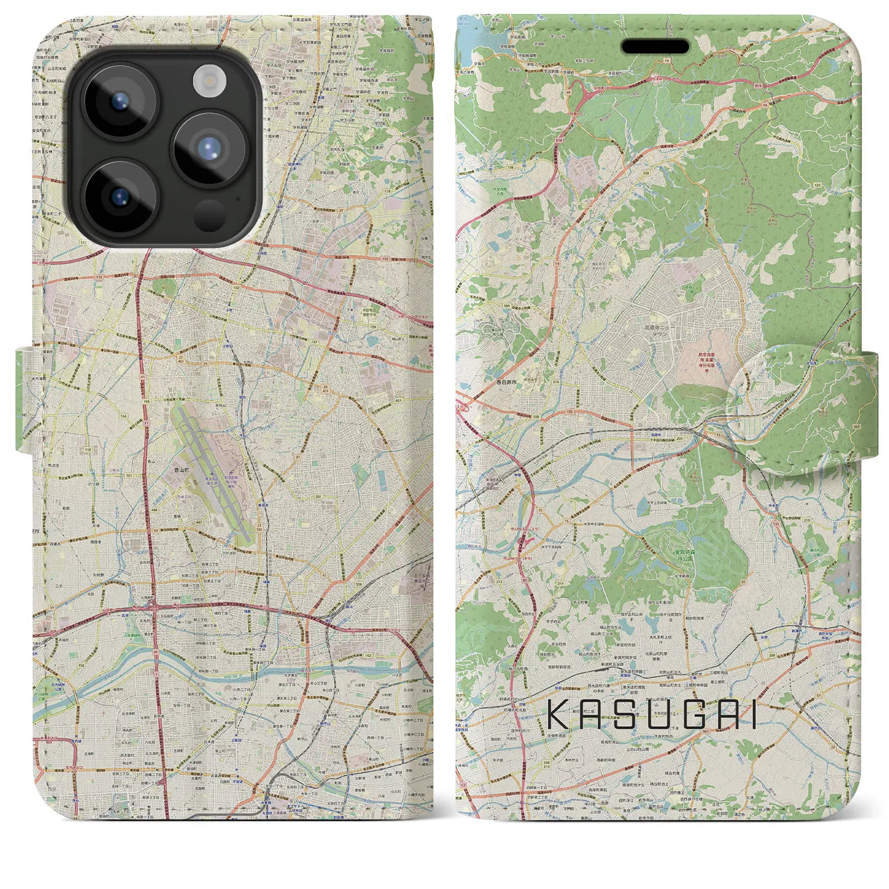 【春日井】地図柄iPhoneケース（手帳両面タイプ・ナチュラル）iPhone 15 Pro Max 用