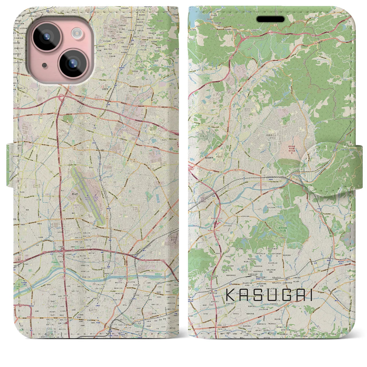 【春日井】地図柄iPhoneケース（手帳両面タイプ・ナチュラル）iPhone 15 Plus 用