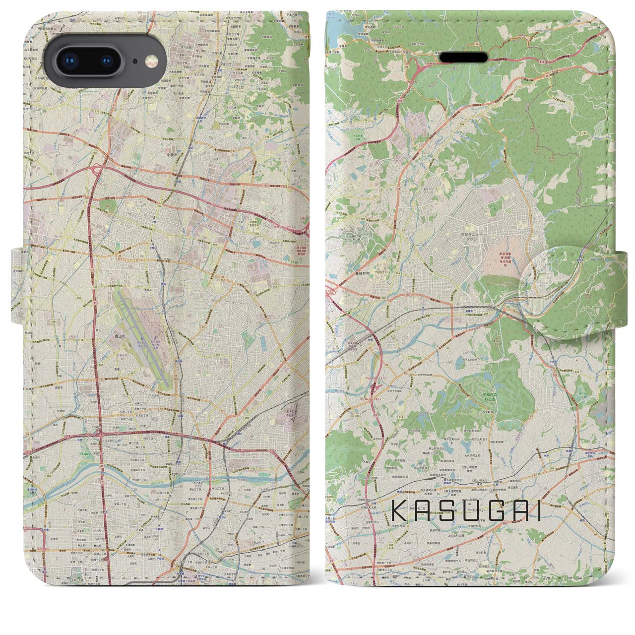 【春日井】地図柄iPhoneケース（手帳両面タイプ・ナチュラル）iPhone 8Plus /7Plus / 6sPlus / 6Plus 用