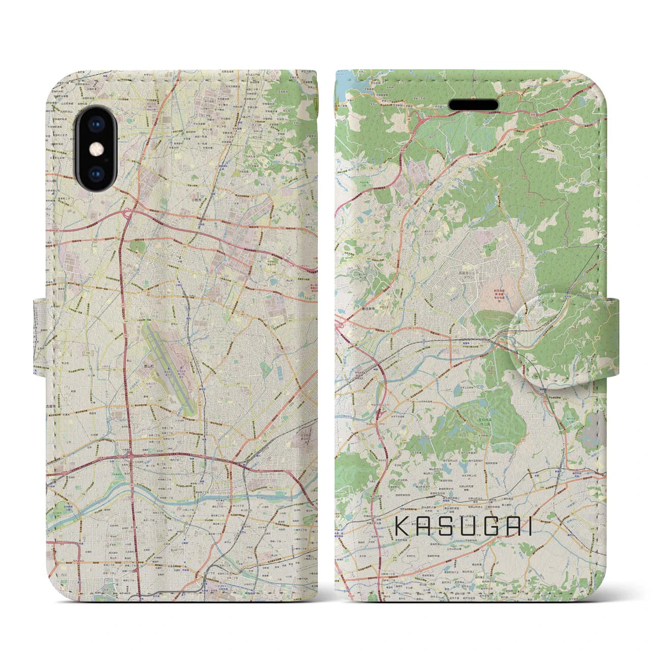【春日井】地図柄iPhoneケース（手帳両面タイプ・ナチュラル）iPhone XS / X 用