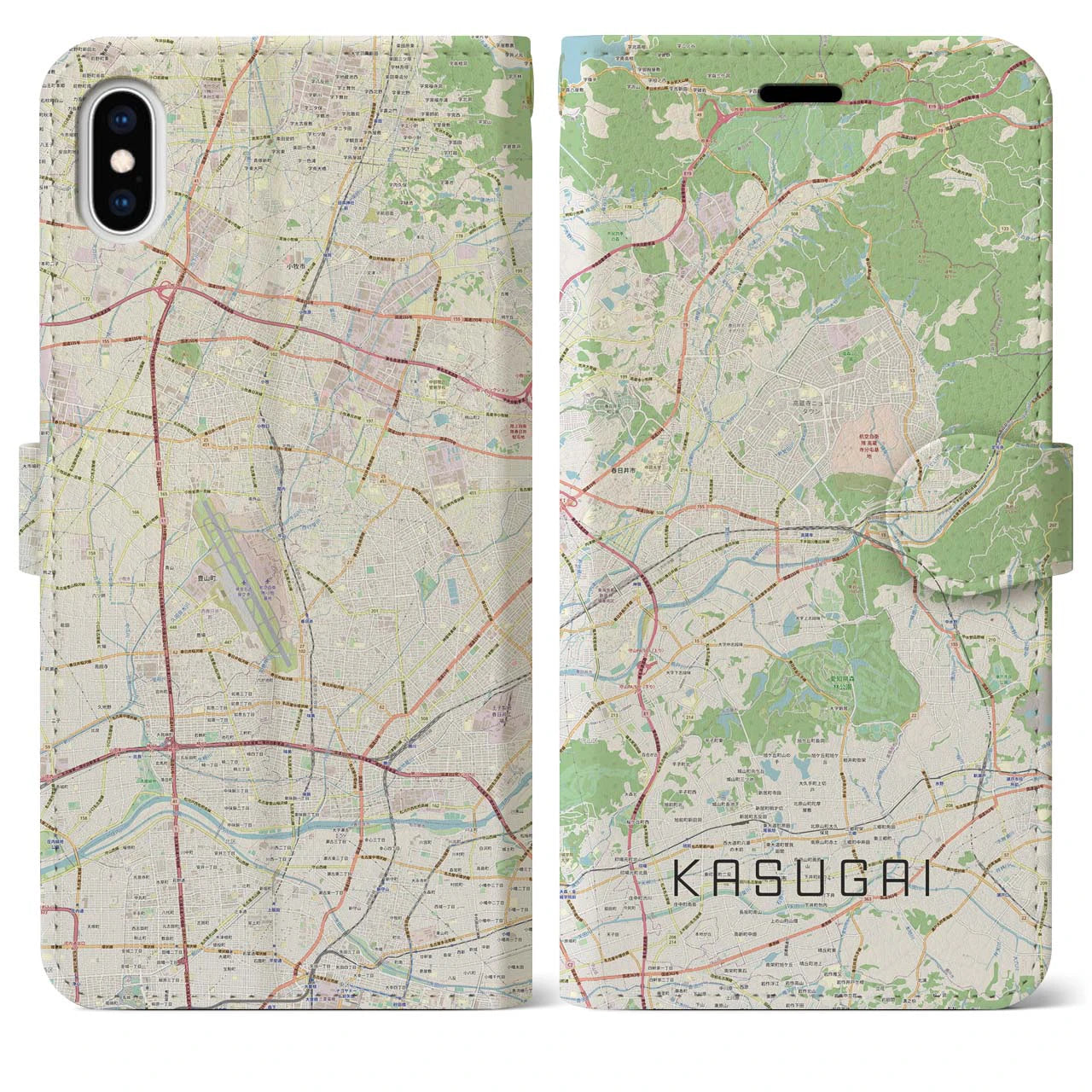 【春日井】地図柄iPhoneケース（手帳両面タイプ・ナチュラル）iPhone XS Max 用