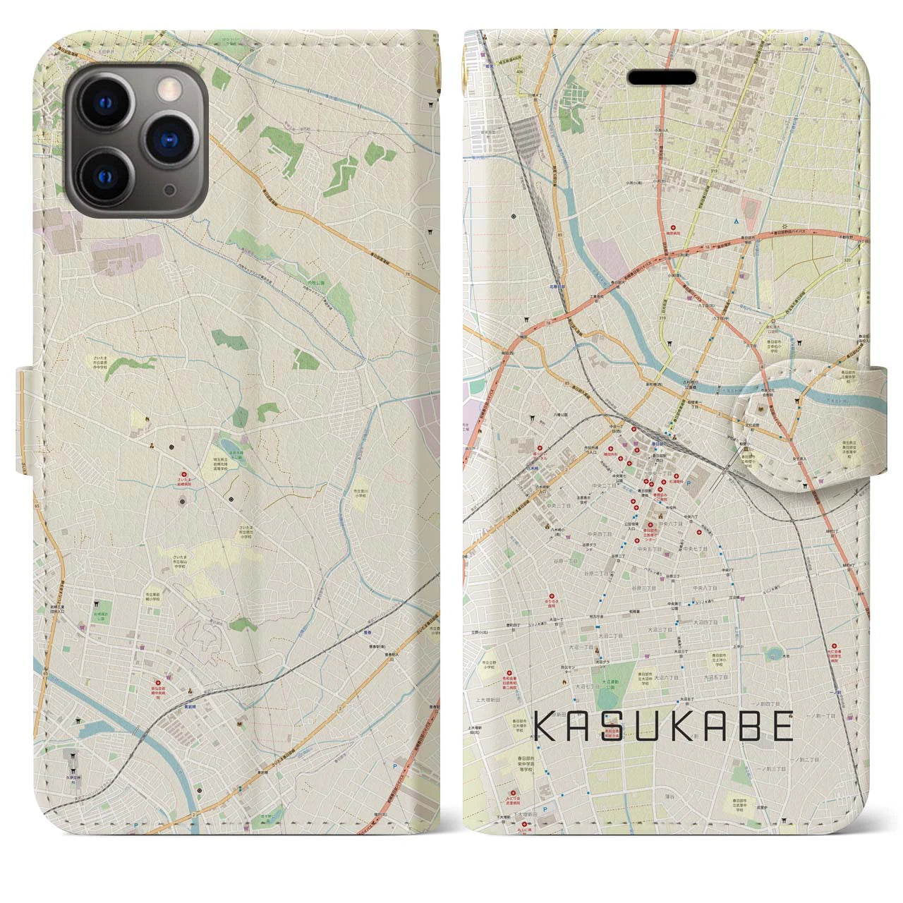 【春日部】地図柄iPhoneケース（手帳両面タイプ・ナチュラル）iPhone 11 Pro Max 用