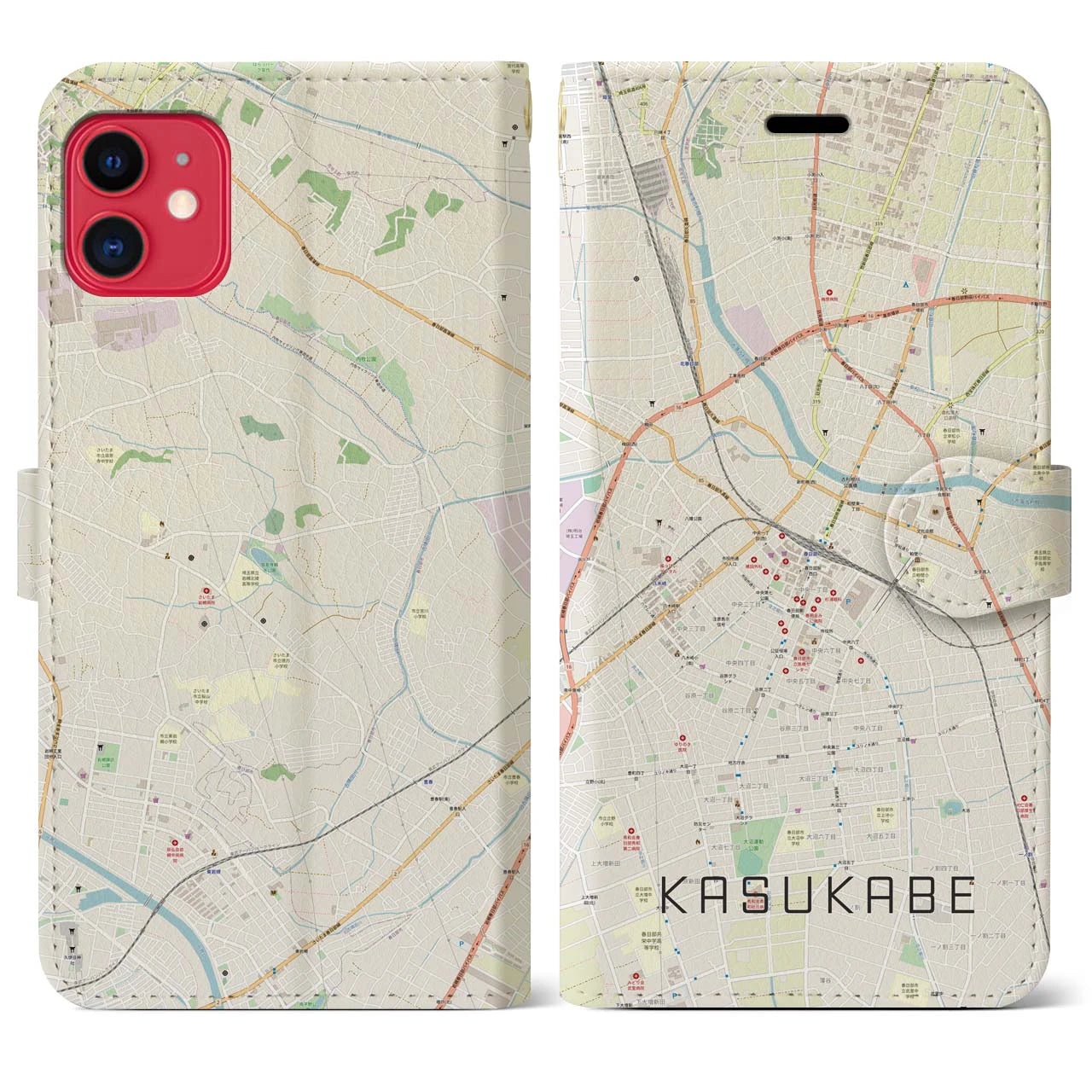 【春日部】地図柄iPhoneケース（手帳両面タイプ・ナチュラル）iPhone 11 用