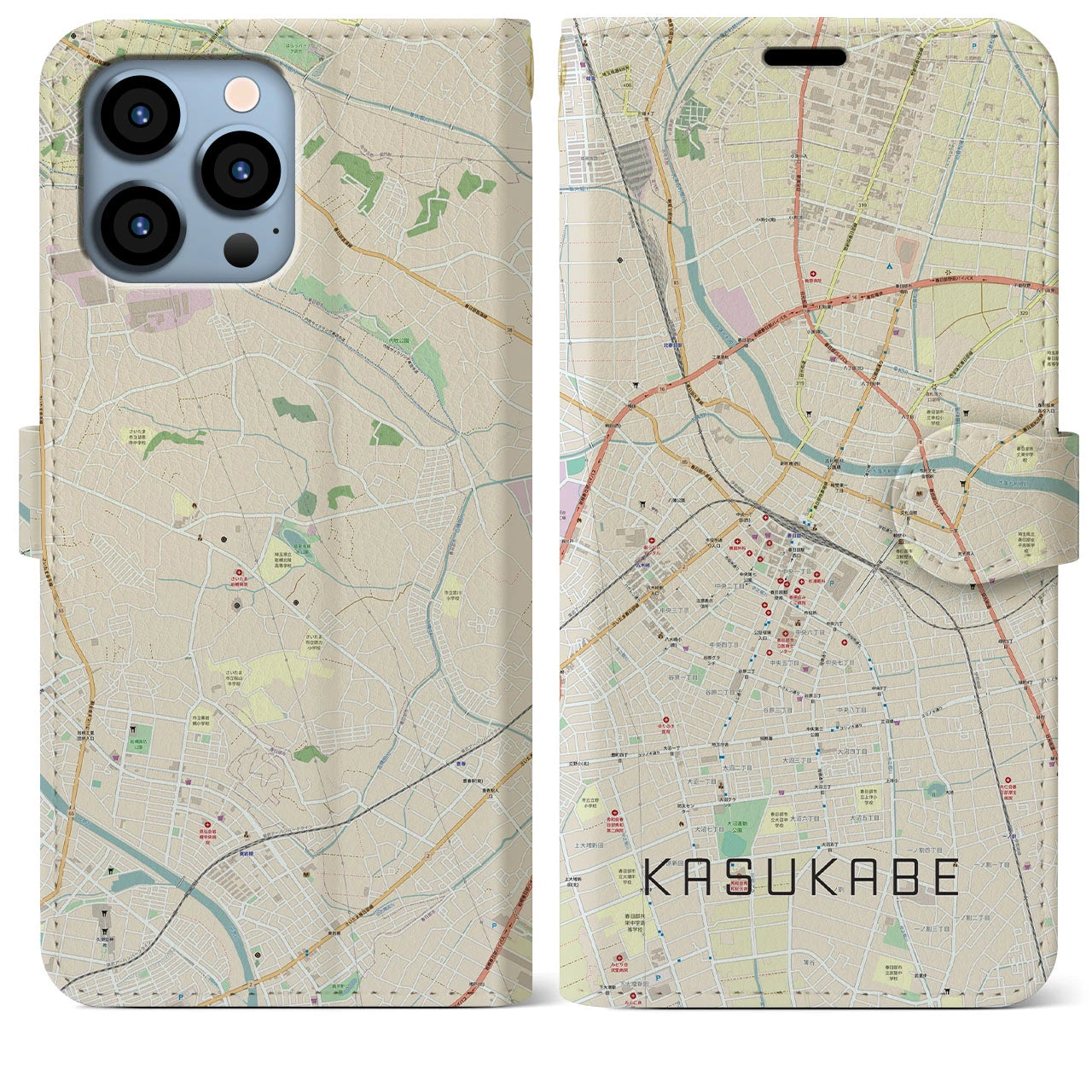 【春日部】地図柄iPhoneケース（手帳両面タイプ・ナチュラル）iPhone 13 Pro Max 用