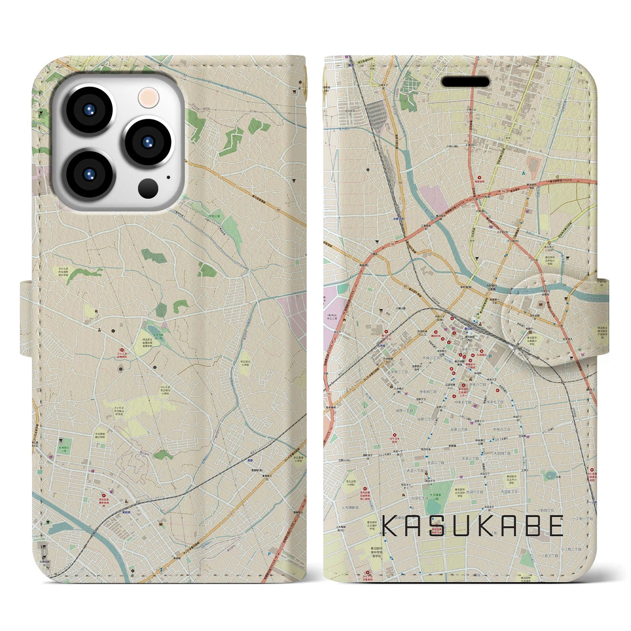 【春日部】地図柄iPhoneケース（手帳両面タイプ・ナチュラル）iPhone 13 Pro 用