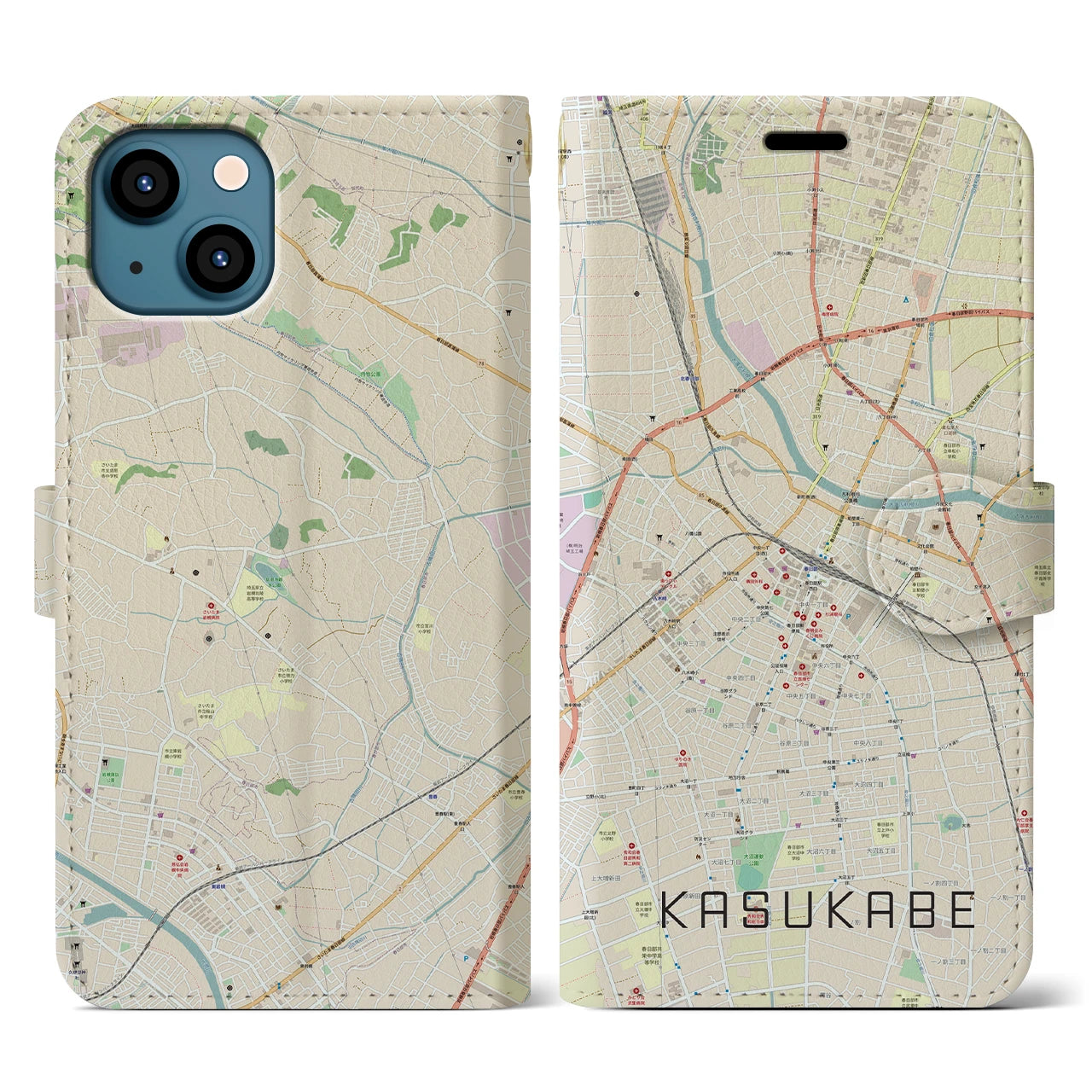 【春日部】地図柄iPhoneケース（手帳両面タイプ・ナチュラル）iPhone 13 用