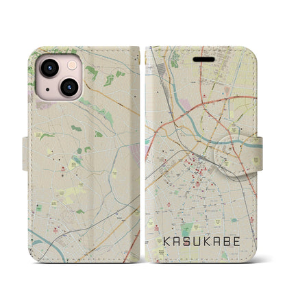 【春日部（埼玉県）】地図柄iPhoneケース（手帳タイプ）ナチュラル・iPhone 13 mini 用