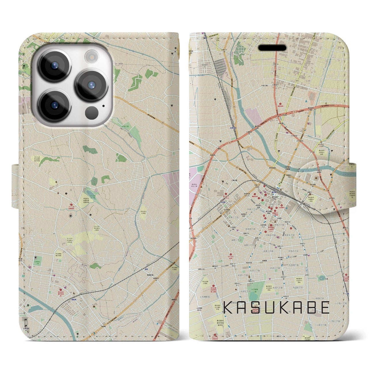 【春日部】地図柄iPhoneケース（手帳両面タイプ・ナチュラル）iPhone 14 Pro 用
