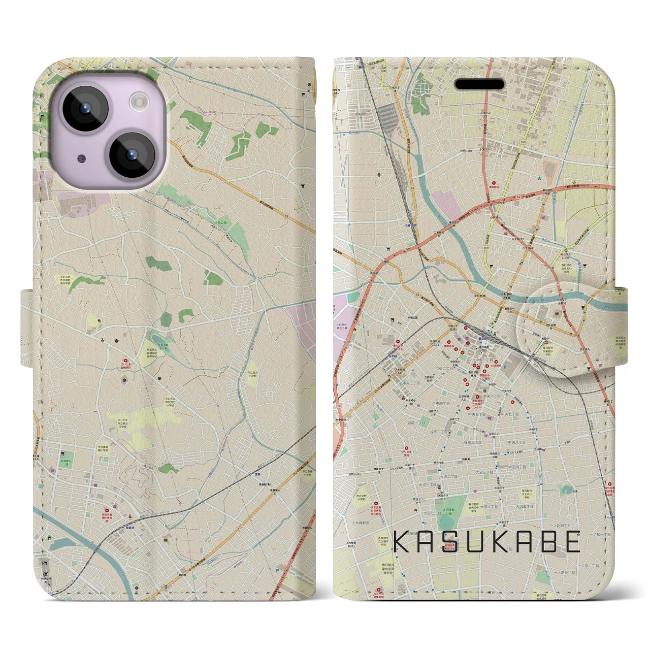 【春日部】地図柄iPhoneケース（手帳両面タイプ・ナチュラル）iPhone 14 用