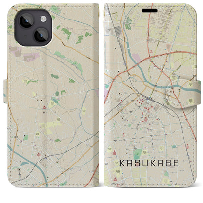 【春日部（埼玉県）】地図柄iPhoneケース（手帳タイプ）ナチュラル・iPhone 14 Plus 用