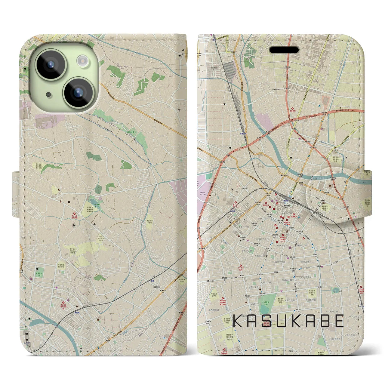 【春日部】地図柄iPhoneケース（手帳両面タイプ・ナチュラル）iPhone 15 用