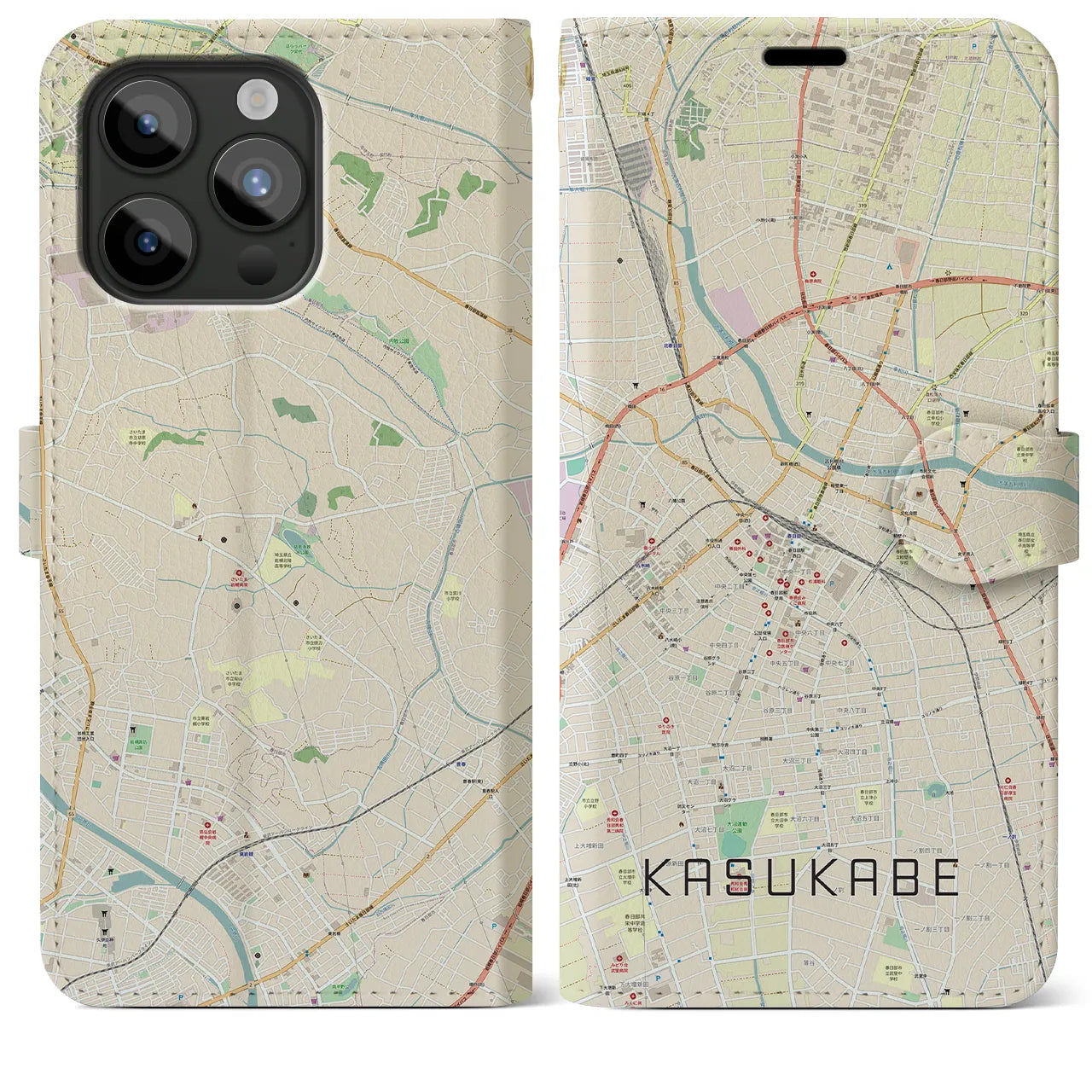 【春日部】地図柄iPhoneケース（手帳両面タイプ・ナチュラル）iPhone 15 Pro Max 用