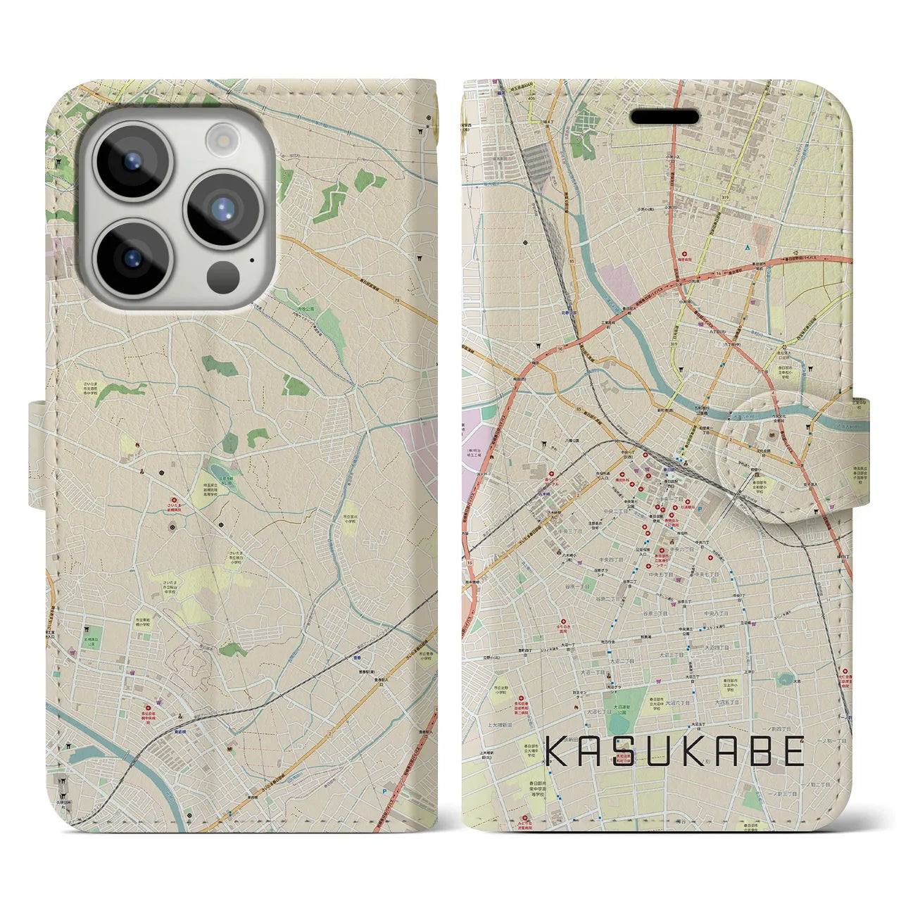 【春日部】地図柄iPhoneケース（手帳両面タイプ・ナチュラル）iPhone 15 Pro 用