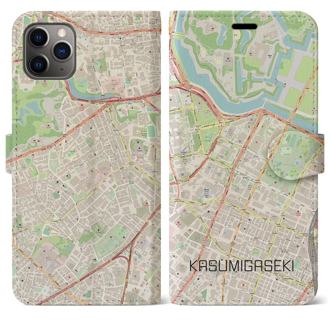 【霞ケ関】地図柄iPhoneケース（手帳両面タイプ・ナチュラル）iPhone 11 Pro Max 用