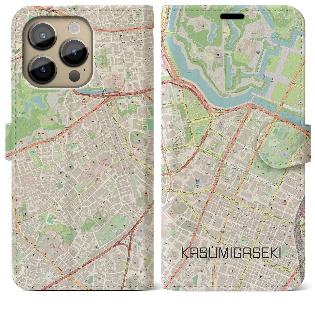 【霞ケ関】地図柄iPhoneケース（手帳両面タイプ・ナチュラル）iPhone 14 Pro Max 用